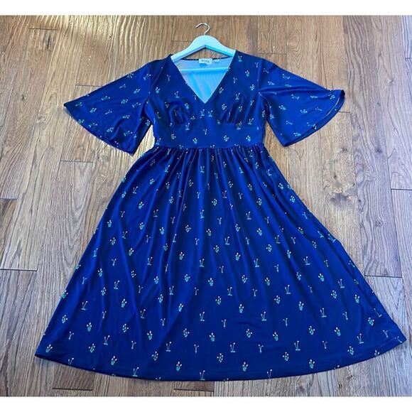 Leota blue botanical jersey draped vneck dress sml - Picture 11 of 11